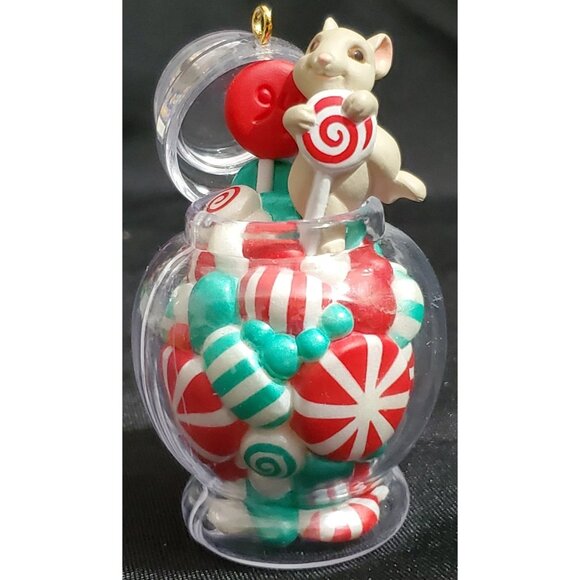 Hallmark CANDY CAPER Christmas Ornament mouse in jar of mint & sweets Dated 1994 - Picture 8 of 16